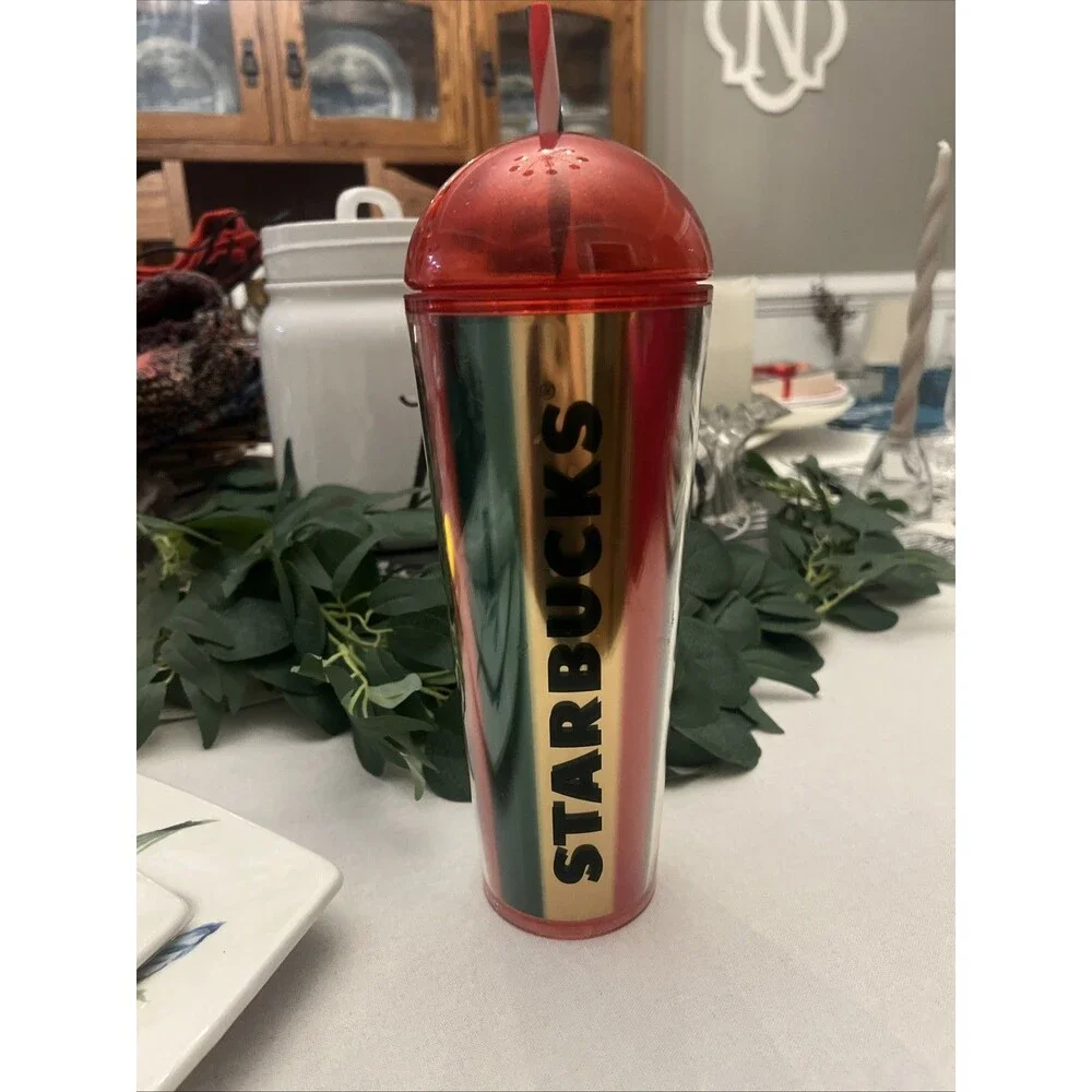 Starbucks 2024 Metallic Red Green Gold Stripe Dome Cup Limited Edition‎ w/straw